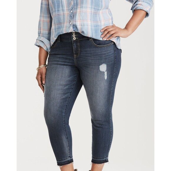 Torrid Premium Stretch Cropped Jeggings - Dark Wash with Destruction and Frayed - Picture 1 of 4